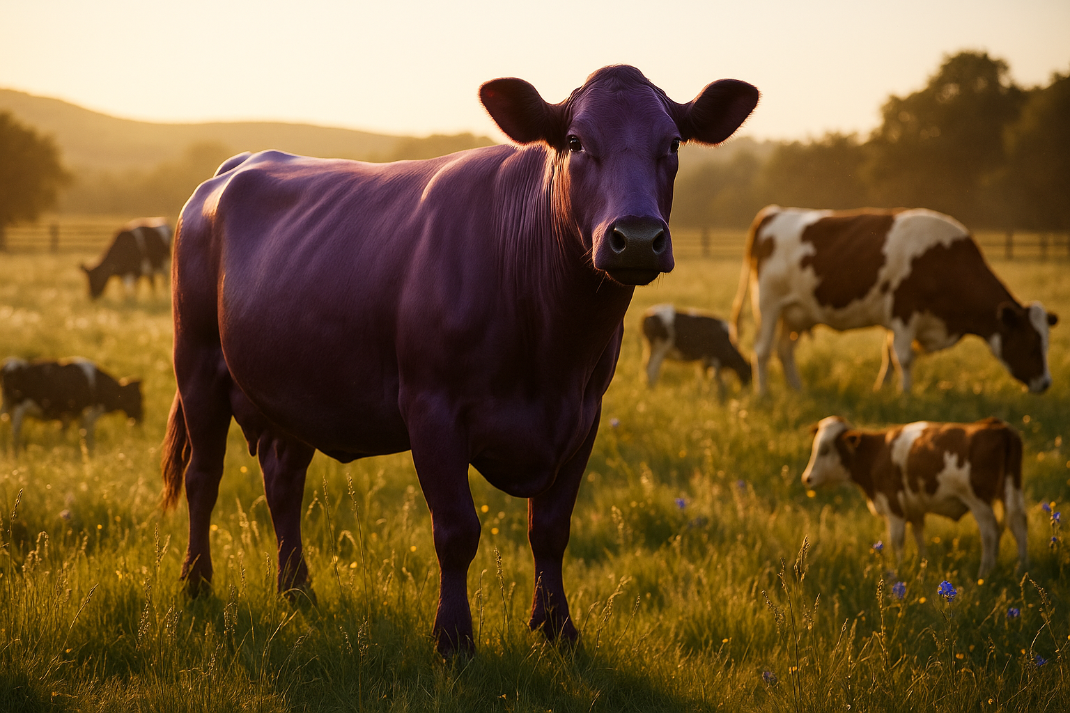 Illustration of a purple cow in a field of white cows.
